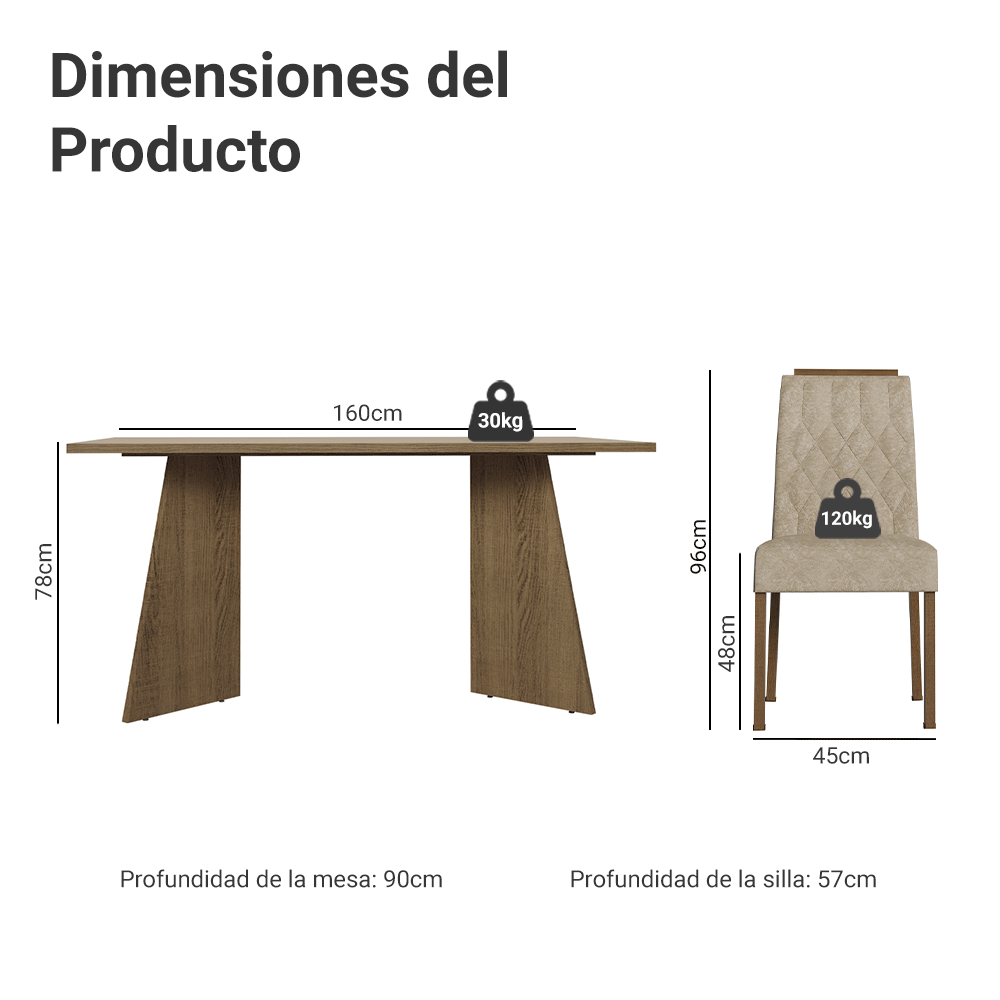 Juego de Comedor Mesada de Madera 4 Sillas Tulum Marrón/Crema/Imperial