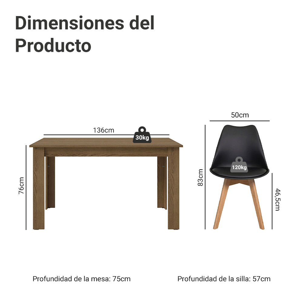 Juego de Comedor Garda Mesa Tapa de Madera 4 Sillas Marrón/Negro Madesa