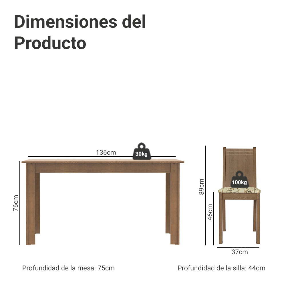 Juego de Comedor con Mesa y 6 Sillas Madesa Analu MLB
