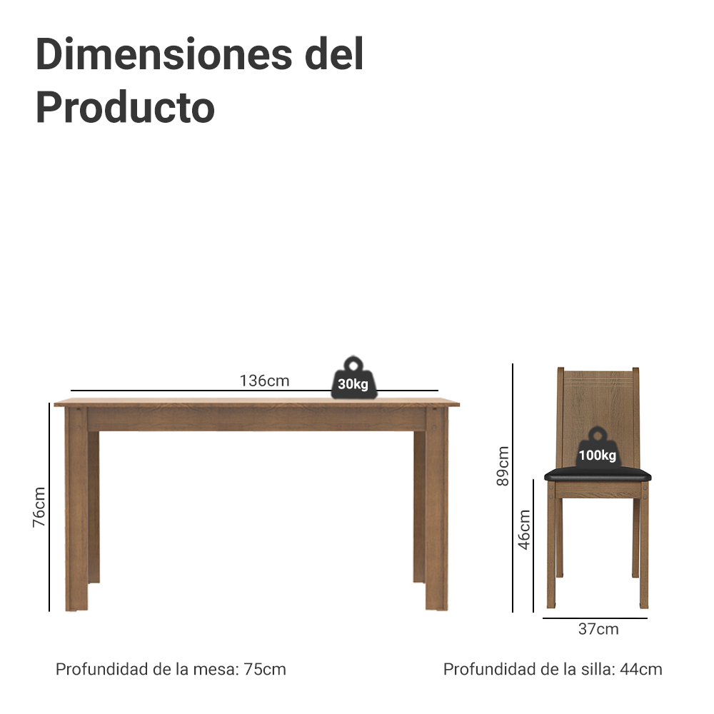 Juego de Comedor Mesada de Madera 6 Sillas Analu Marrón/Negro