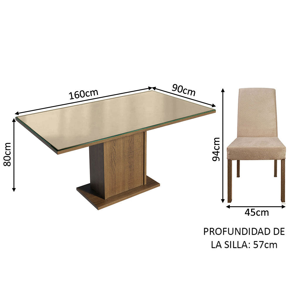 Juego de Comedor Mesa Tapa de Vidrio 6 Sillas Marrón/Crema/Imperial Alexis Madesa