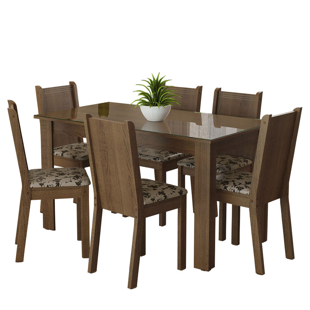 Juego de Comedor Mesa Tapa de Vidrio 6 Sillas Marrón/Tapizado Beige Marrón Isla Madesa
