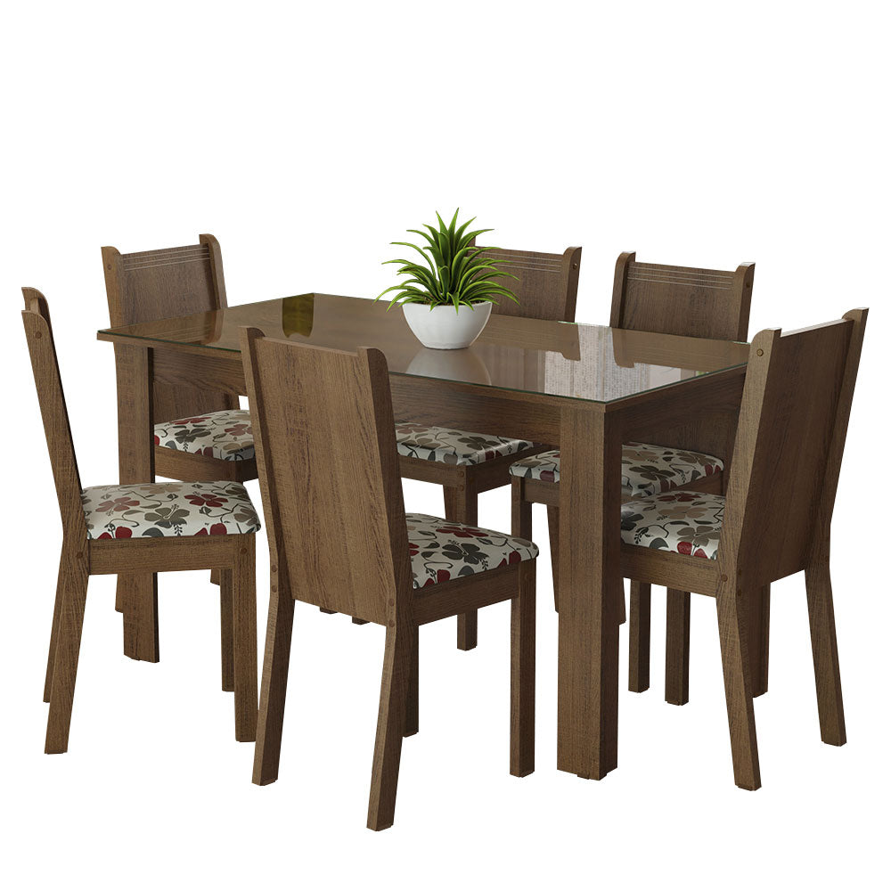 Juego de Comedor Mesa Tapa de Vidrio 6 Sillas Marrón/Hibiscos Isla Madesa