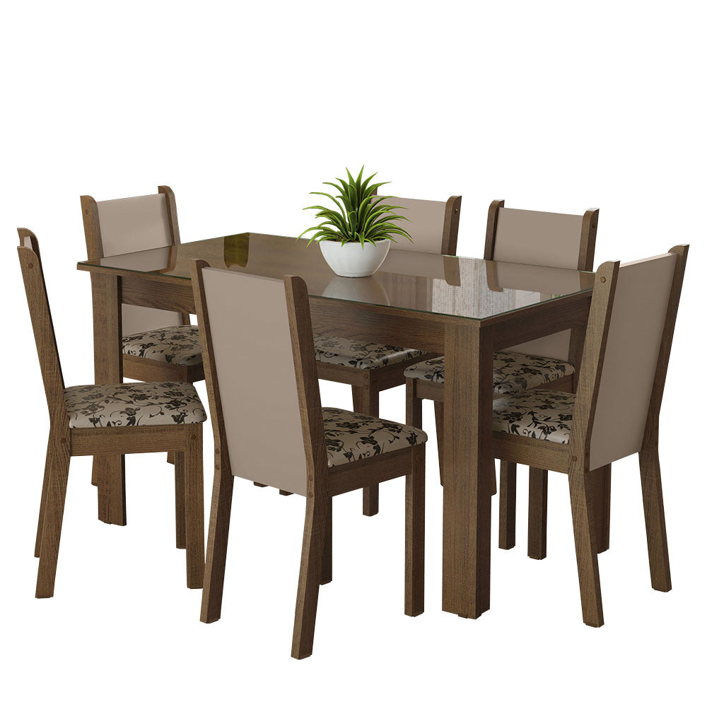 Juego de Comedor Mesa Tapa de Vidrio 6 Sillas Marrón/Crema/Tapizado Beige Marrón Heloísa Madesa