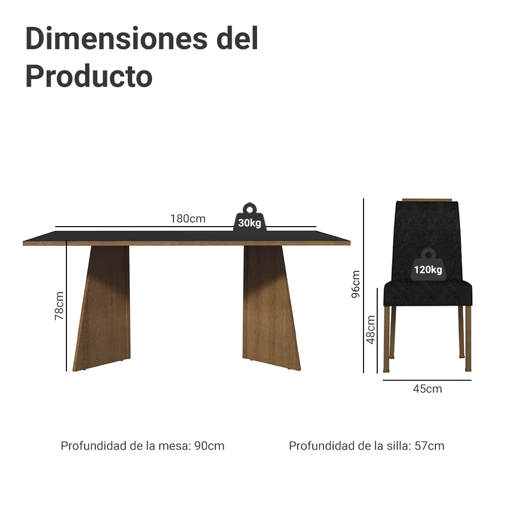 Juego de Comedor Mesada de Madera 6 Sillas Minsk Marrón/Negro/Silver