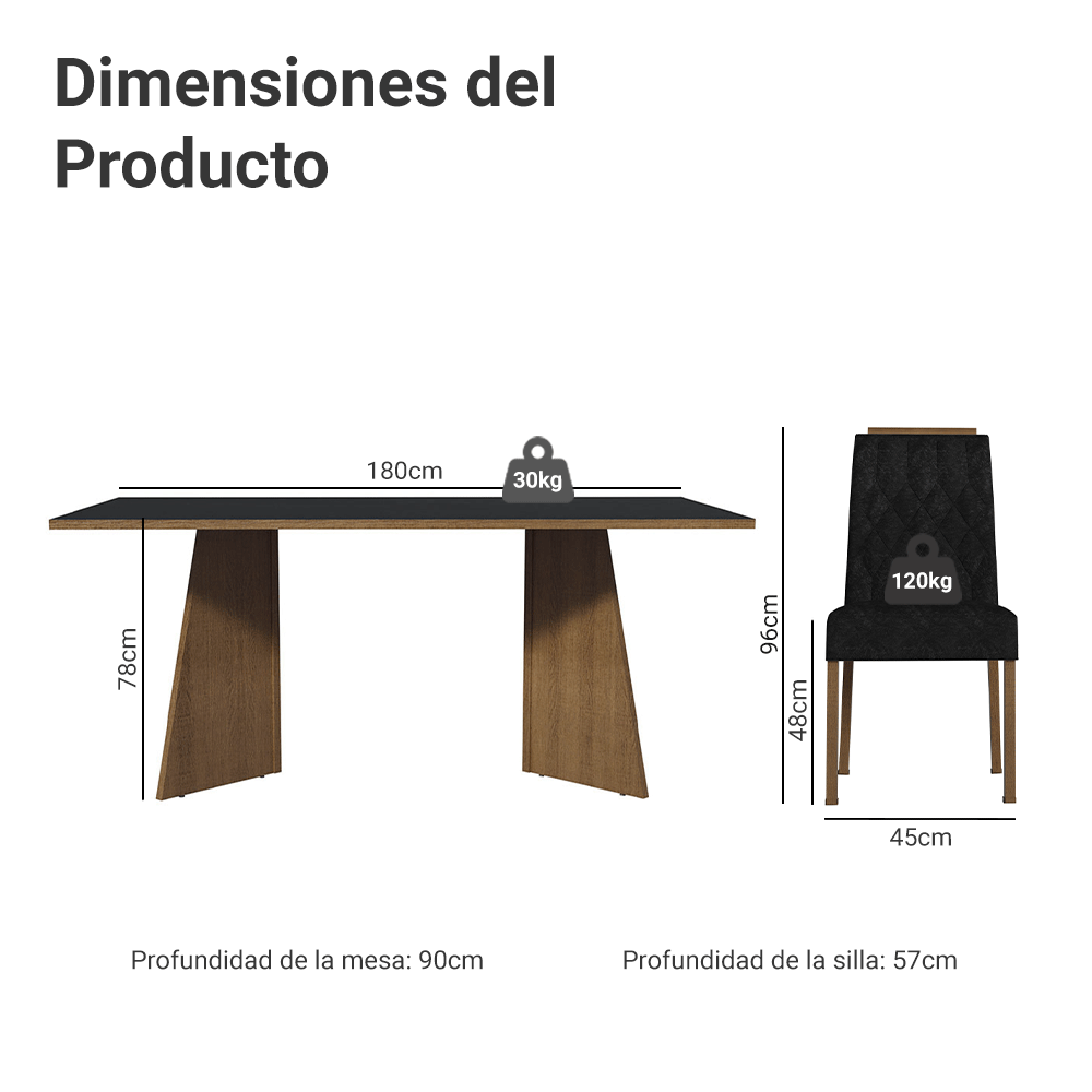 Juego de Comedor Mesada de Madera 6 Sillas York Marrón/Negro/Oxford