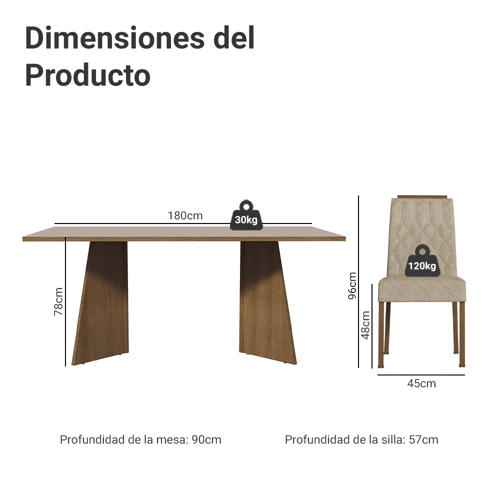 Juego de Comedor Mesada de Madera 6 Sillas York Marrón/Crema/Imperial
