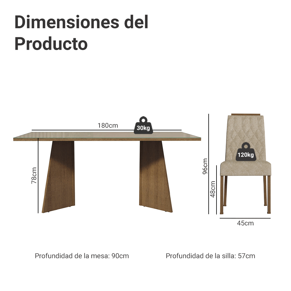 Juego de Comedor Mesada de Vidrio 6 Sillas Siena Marrón/Crema/Imperial
