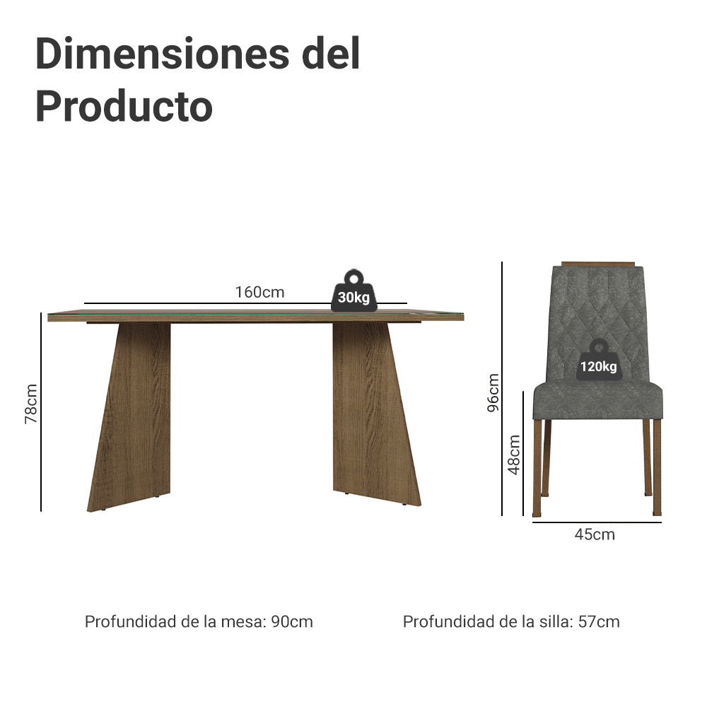 Juego de Comedor Mesada de Vidrio 6 Sillas Sintra Marrón/Silver