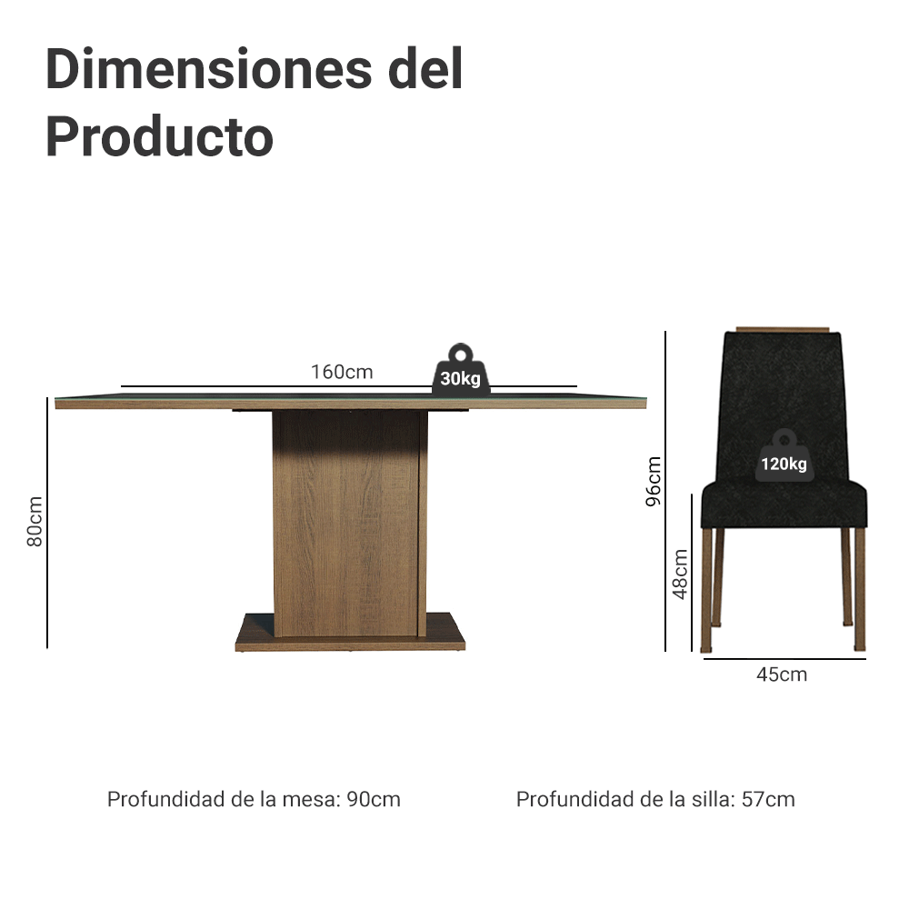 Juego de Comedor Tapa de Vidrio 6 Sillas Marrón/Negro/Oxford Dália Madesa