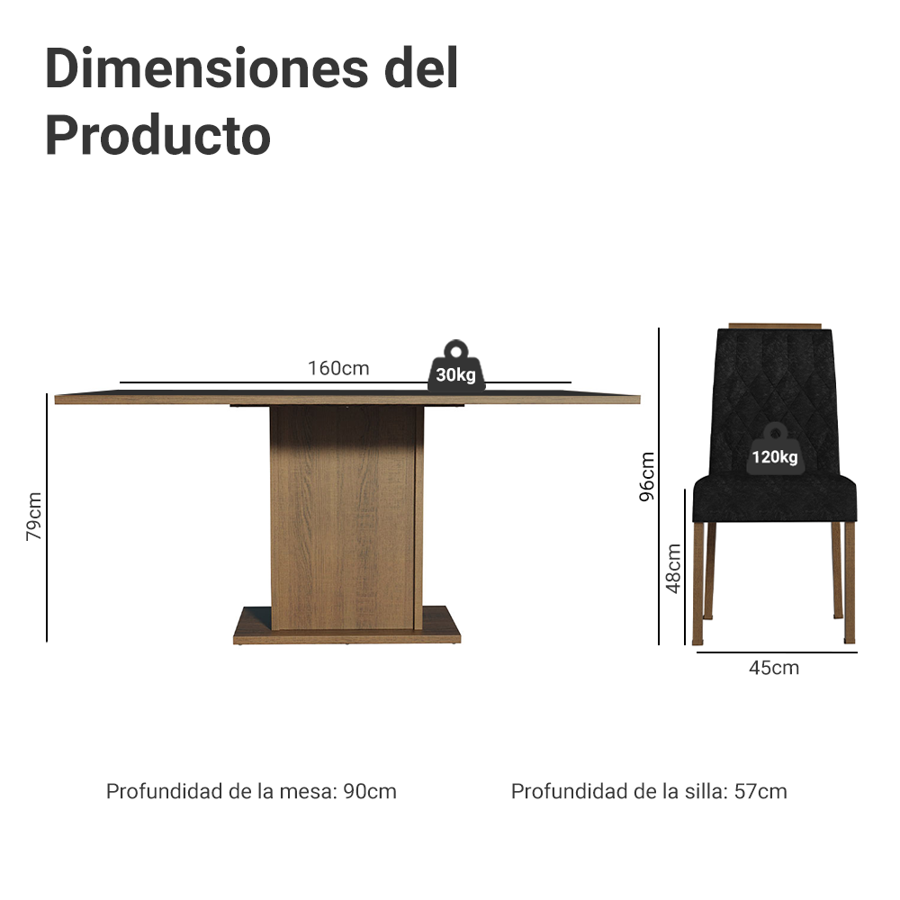 Juego de Comedor Tapa de Madera 6 Sillas Marrón/Negro/Oxford Bosque Madesa