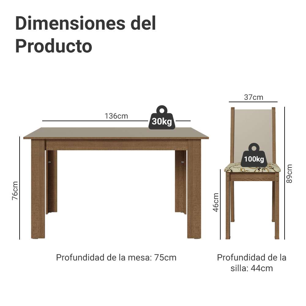 Juego Comedor Lucena Mesa Tapa de Madera 6 Sillas Marrón/Crema/Lírio Beige Madesa
