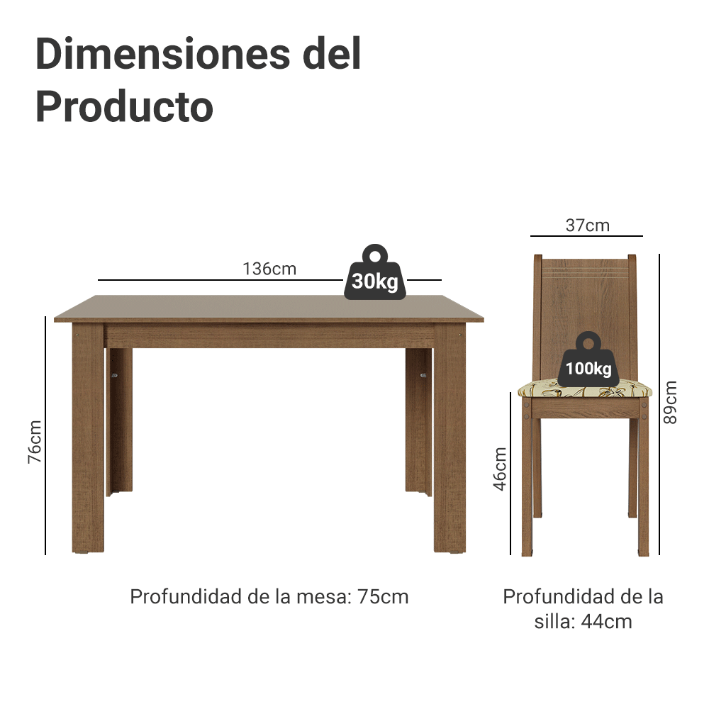 Juego de Comedor Mesa con Tapa de Madera 6 Sillas Marrón/Crema/Lirio Beige Madesa