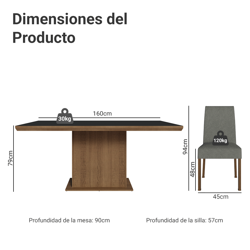 Juego de Comedor con Tapa de Madera 6 Sillas Marrón/Negro/Silver Grasse Madesa