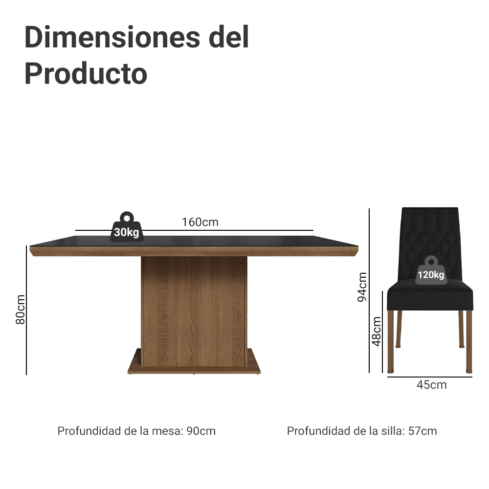 Juego de Comedor Tapa con Vidrio 6 Sillas Marrón/Negro/Oxford Dinan Madesa