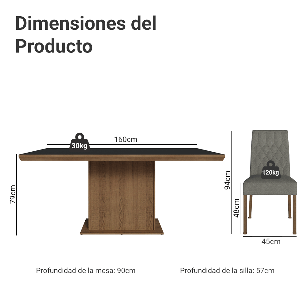 Juego de Comedor con Tapa de Madera 6 Sillas Marrón/Negro/Silver Luso Madesa