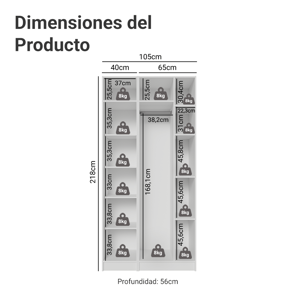 Placard Modular 105 cm 2 Puertas con Espejos y 5 Nichos Blanco Neo Madesa
