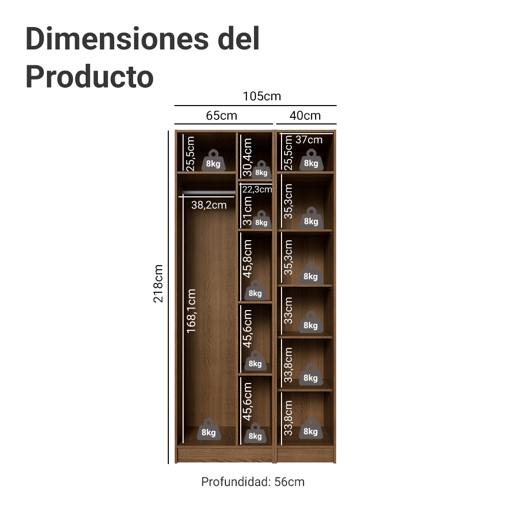 Placard Modular 2 Puertas con Espejos 5 Nichos Marrón/Crema Neo Madesa 02