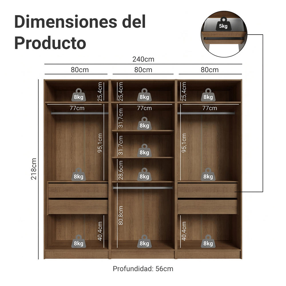 Placard Modular 240 cm 6 Puertas 4 Cajones Marrón/Crema Neo Madesa 01