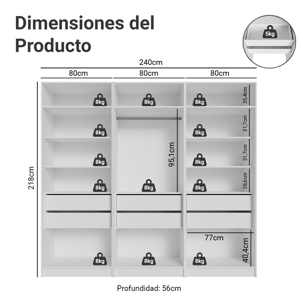 Placard Modular 240 cm 6 Puertas 6 Cajones Blanco Neo Madesa 03