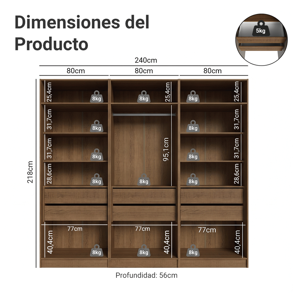 Placard Modular 240 cm 6 Puertas con Espejos 6 Cajones Marrón/Crema Neo Madesa 04
