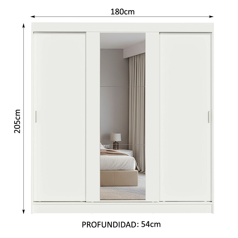 Placard Matrimonial con 3 Puertas Correderas y Espejo, Blanco Orión