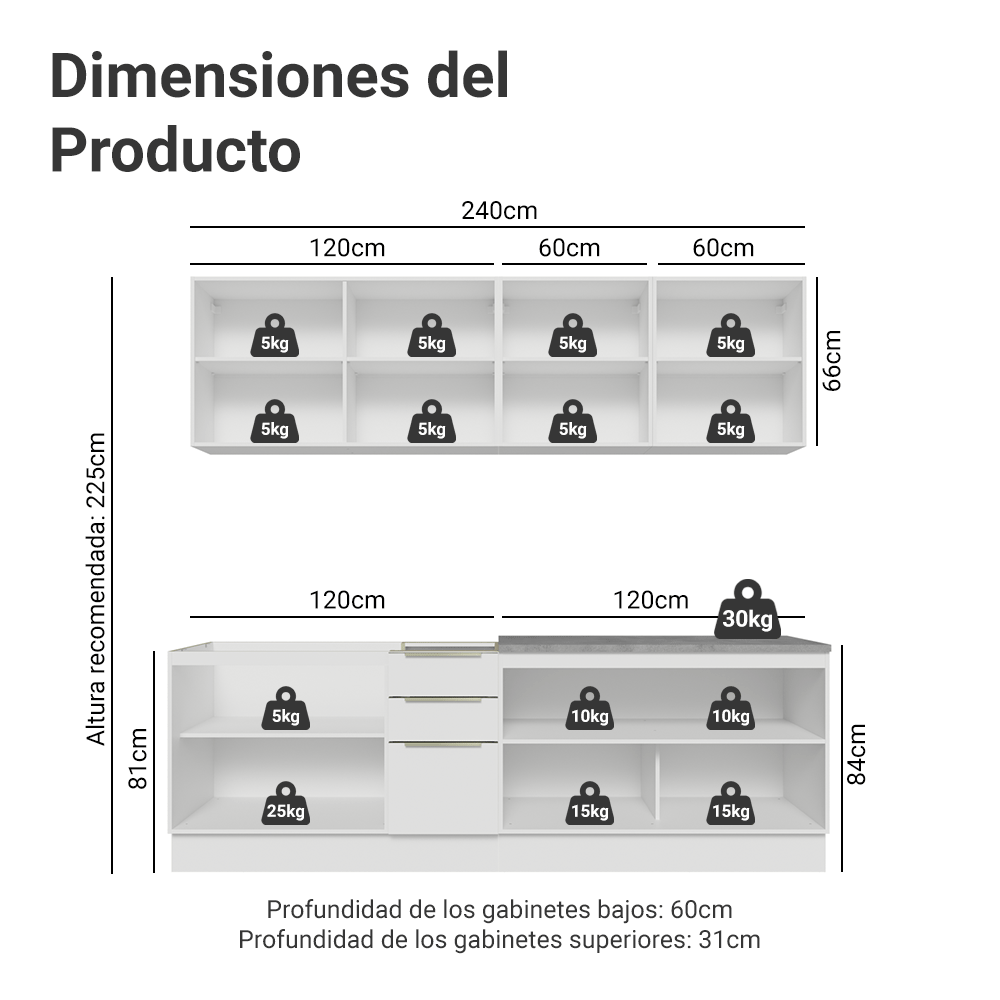 Combo Completo de Cocina 240 x 60 cm Blanco Aterciopelado Lux Madesa 05