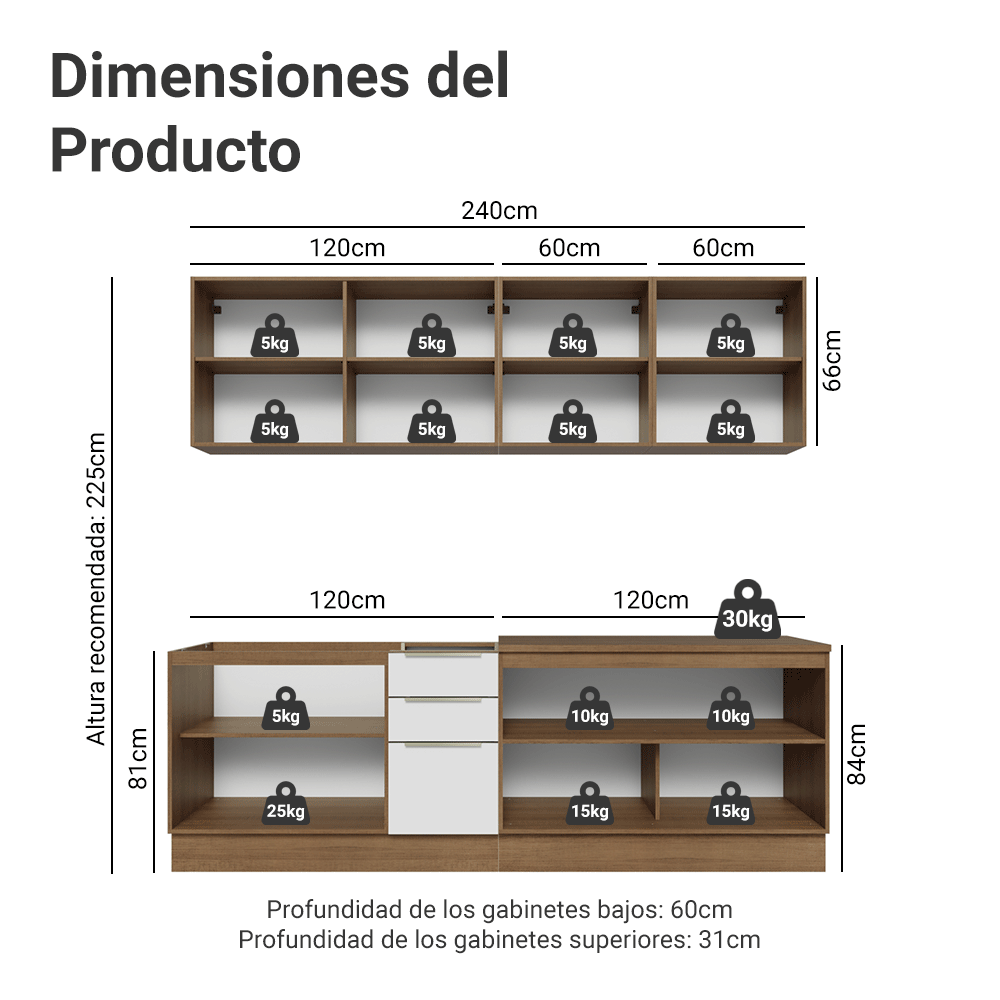 Combo Completo de Cocina 240 x 60 cm Marrón/Blanco Aterciopelado Lux Madesa 05