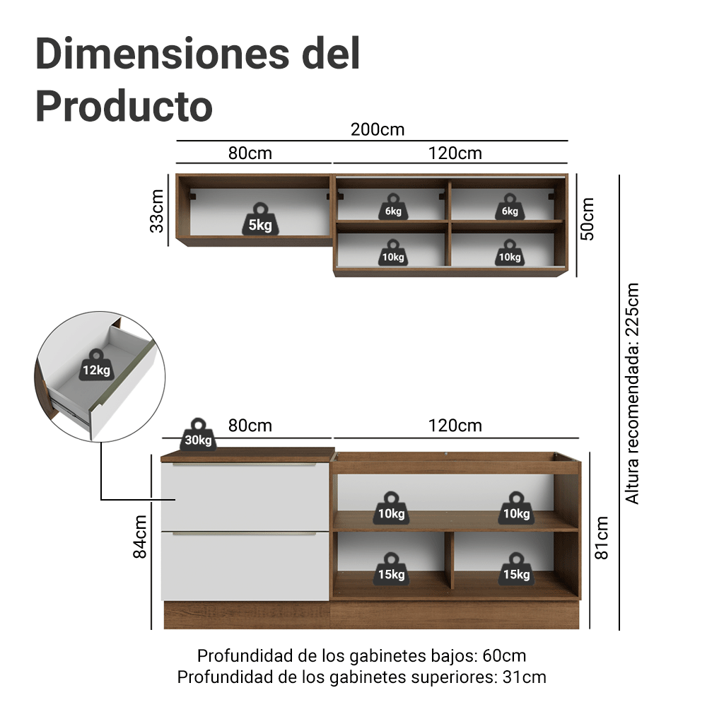 Cocina Compacta 200 x 60 cm Marrón/Blanco Aterciopelado Lux Madesa 01