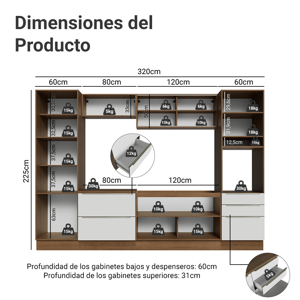 Combo Completo de Cocina 320 x 60 cm Marrón/Blanco Aterciopelado Lux Madesa 01