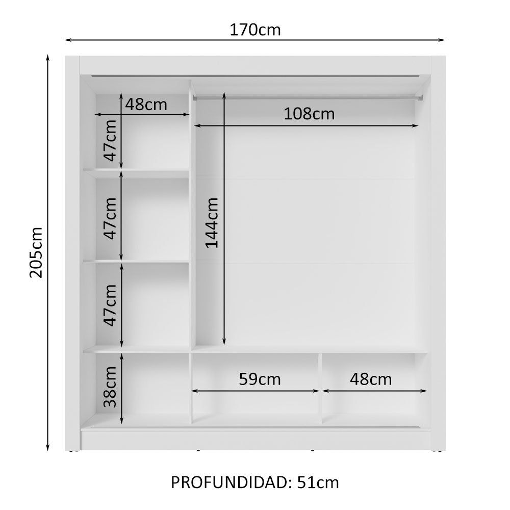Placard Matrimonial 3 Puertas Corredizas con Espejos Blanco/Negro Nobre