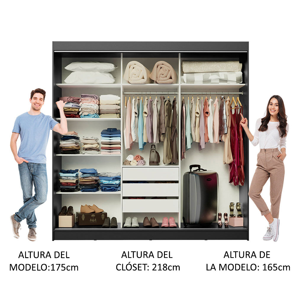 Placard Ropero Matrimonial Madesa Kansas 3 Puertas Corredizas de Espejo 3 Cajones Negro/Blanco