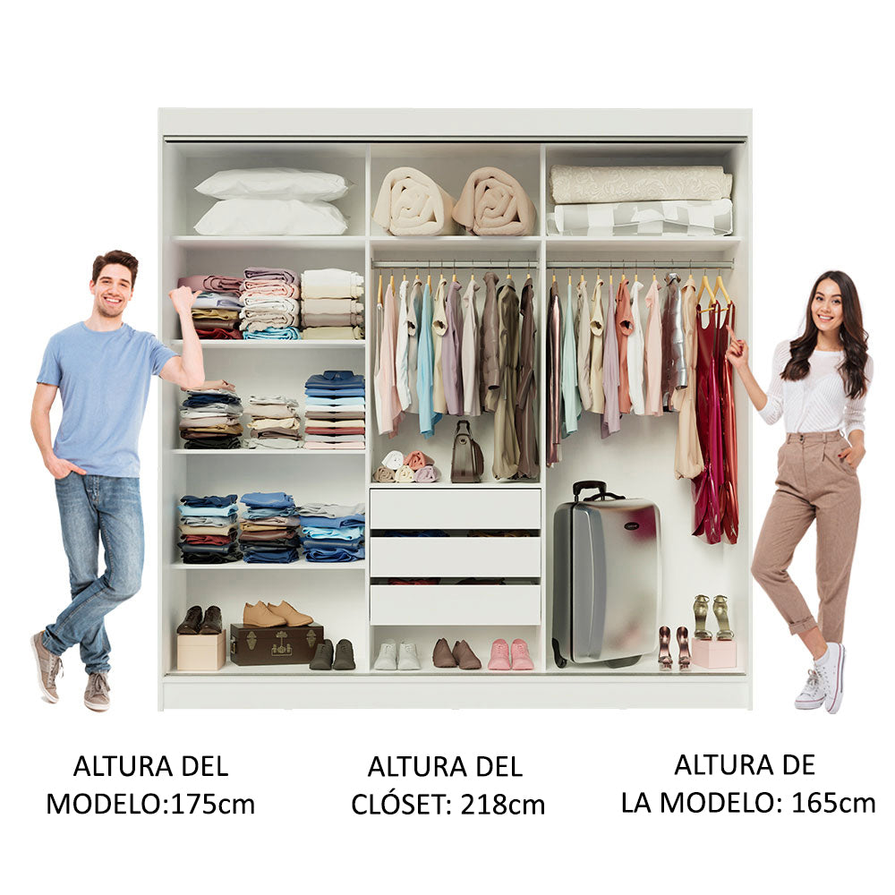 Placard Ropero Matrimonial Madesa Austin 4 Puertas Corredizas de Espejo 3 Cajones Blanco
