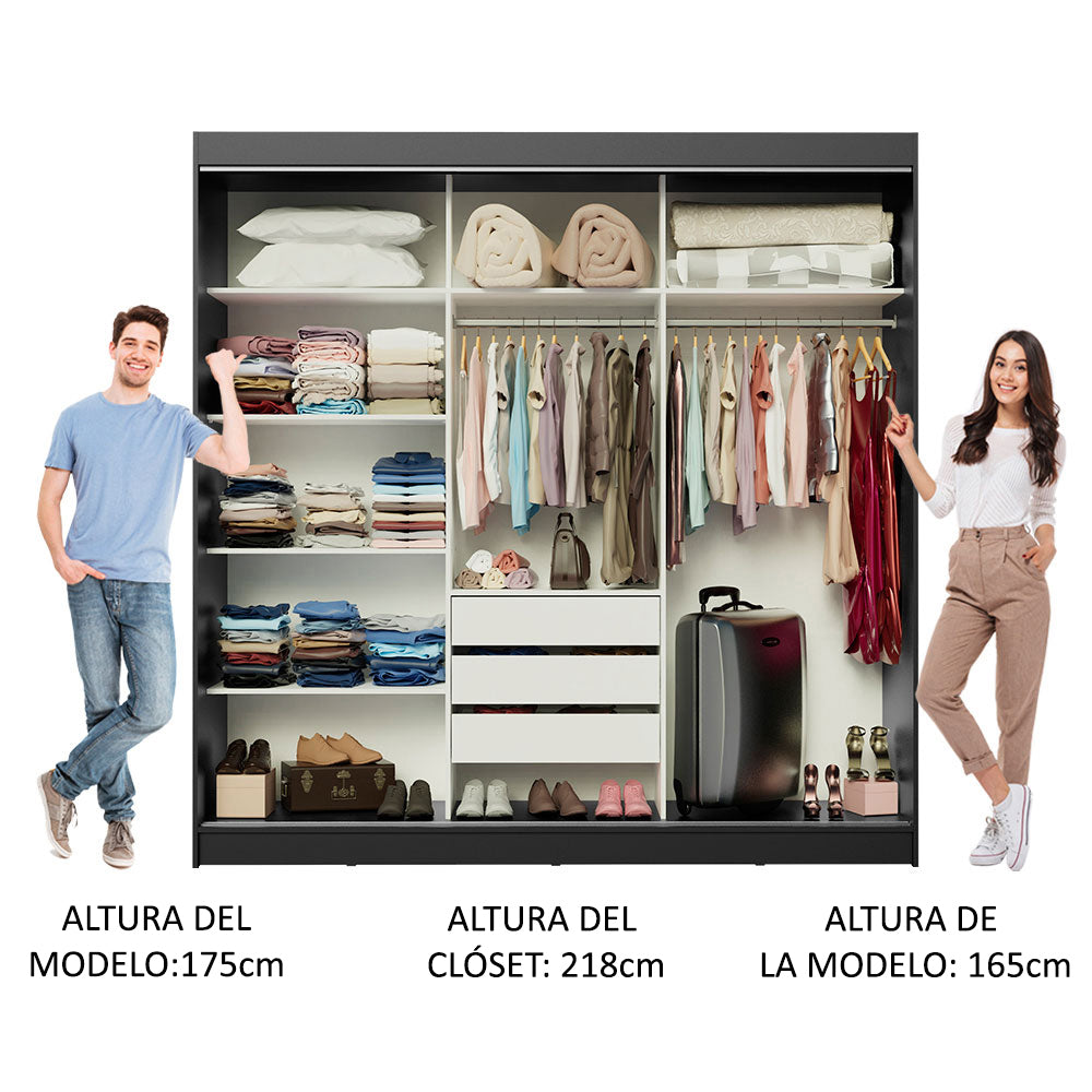 Placard Ropero Matrimonial Madesa Austin 4 Puertas Corredizas con Espejos 3 Cajones Negro