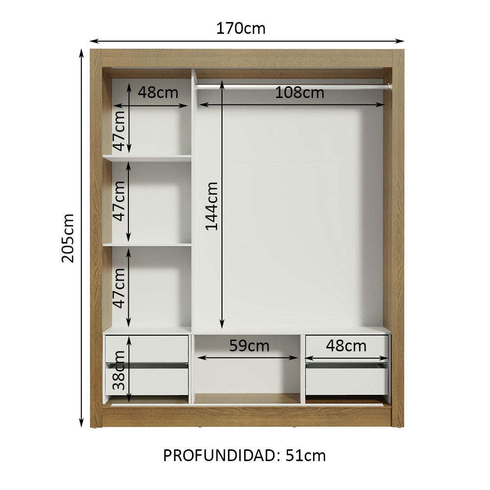 Placard Matrimonial Lyon Plus 3 Puertas Corredizas con Espejo 4 Cajones Marrón/Blanco