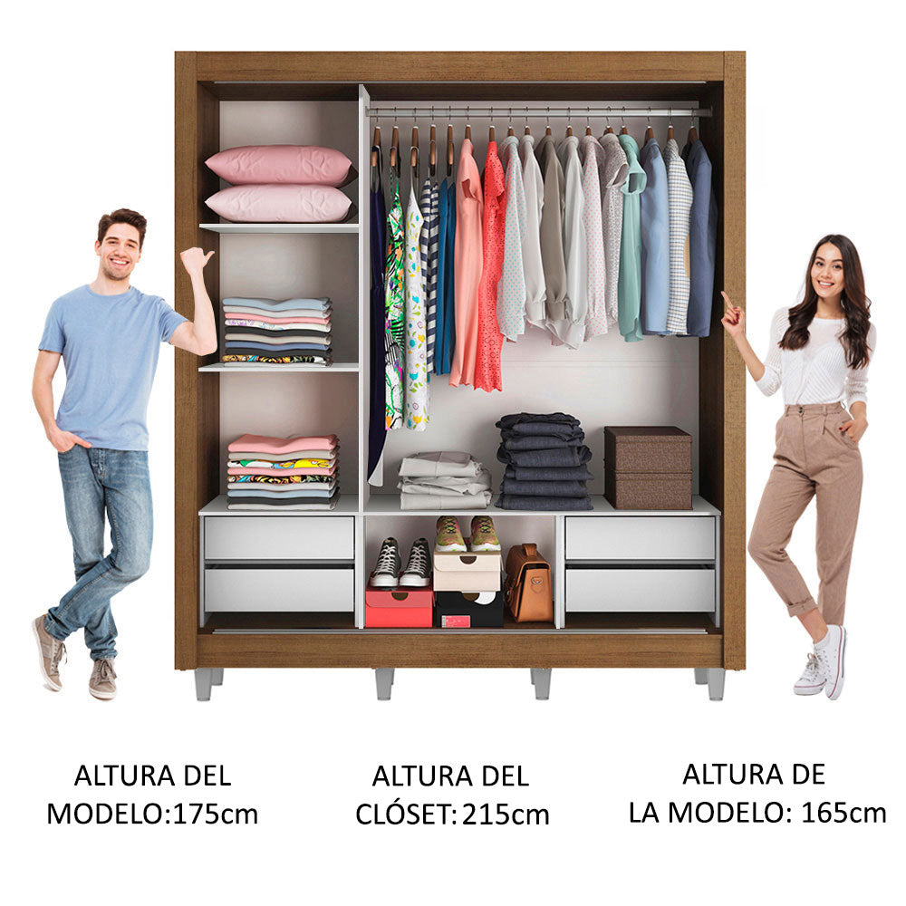 Placard Matrimonial Lyon Plus 3 Puertas Corredizas con Espejos 4 Cajones con Patas Marrón/Blanco