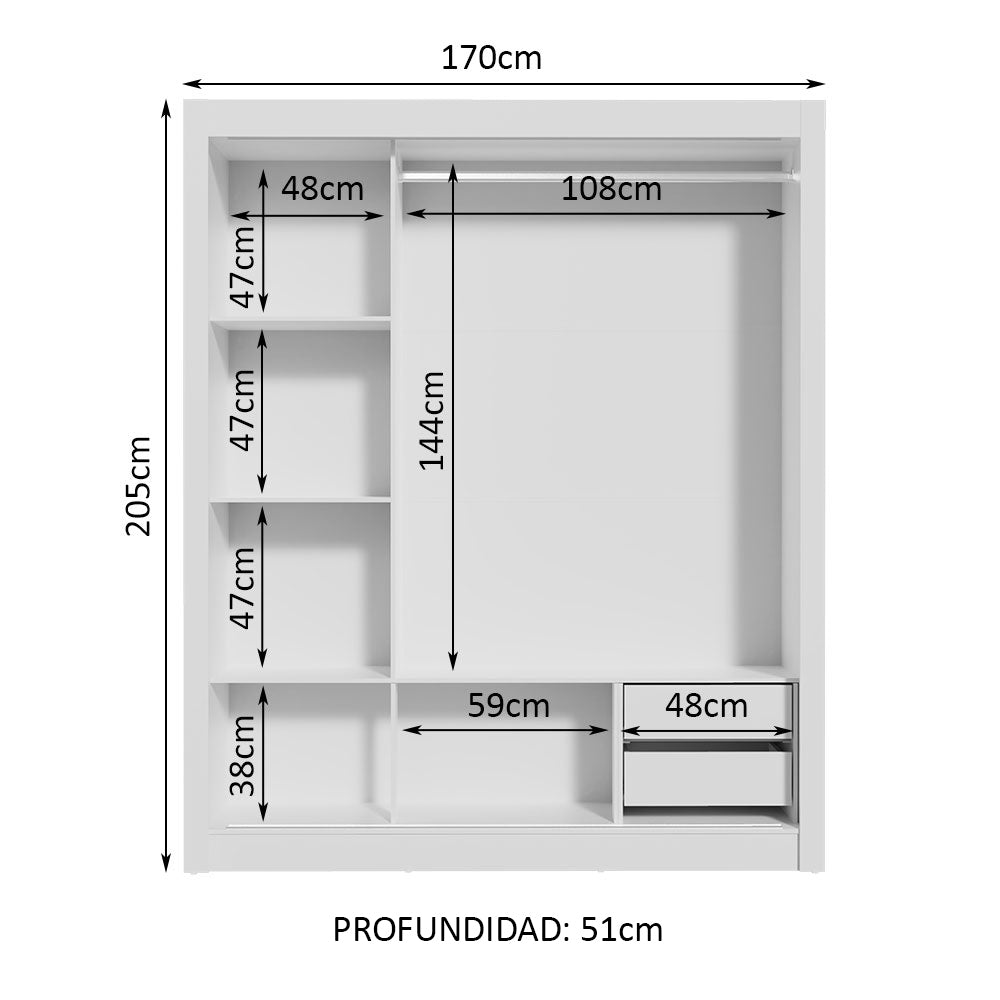 Placard Matrimonial Lyon 3 Puertas Corredizas con Espejo 2 Cajones Blanco/Negro