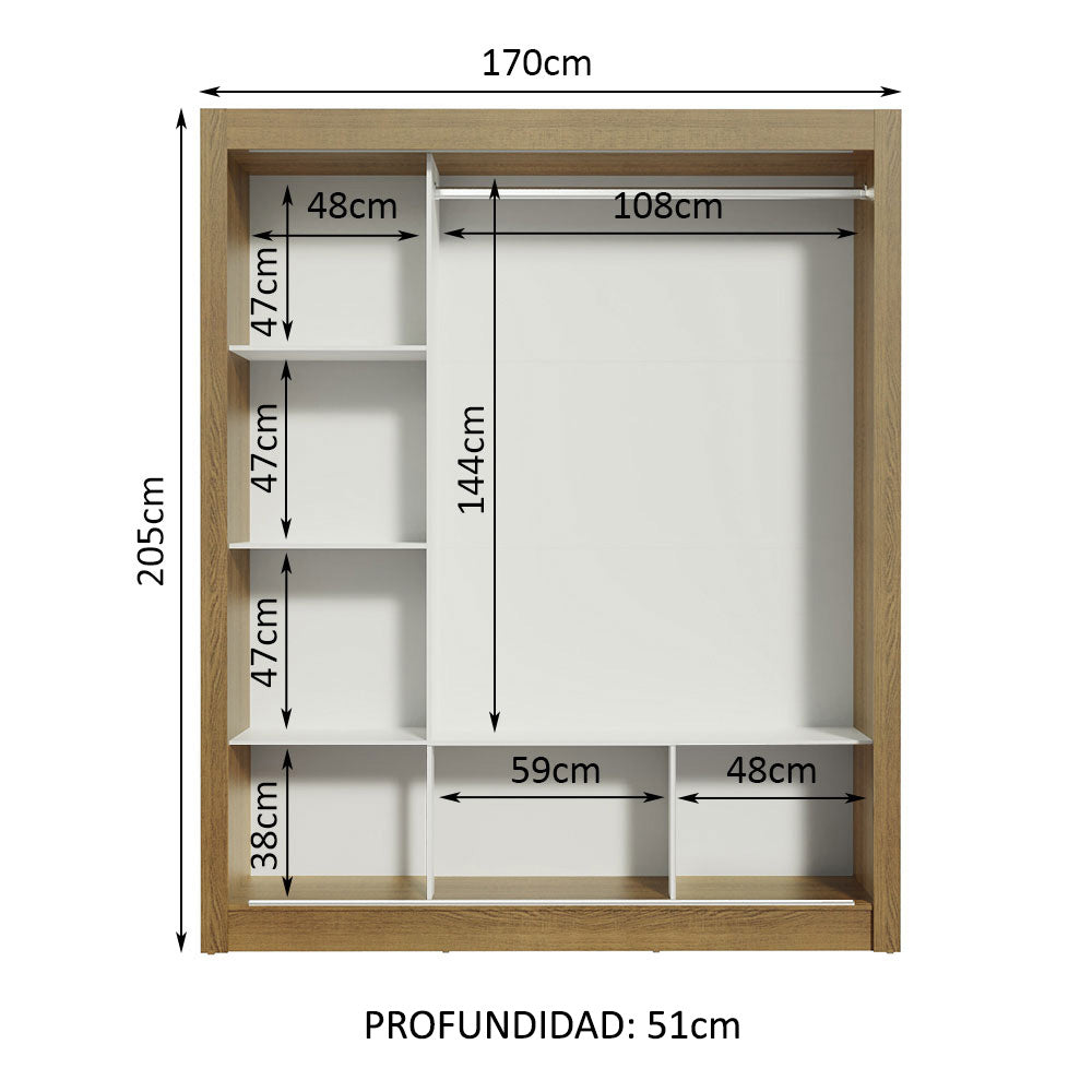 Placard Matrimonial Monaco 3 Puertas Corredizas 1 con Espejo Marrón/Negro