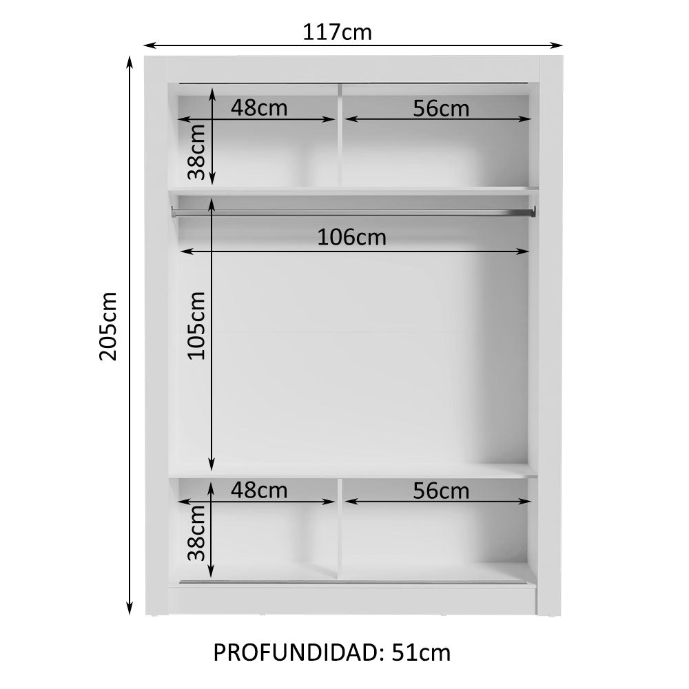 Placard Soltero Denver 2 Puertas Corredizas 2 con Espejo Blanco