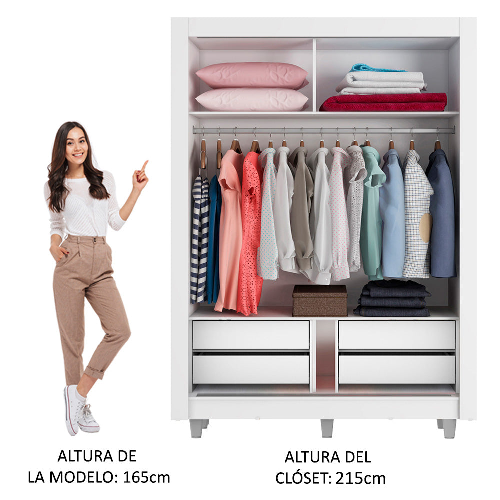 Placard Soltero Dallas Plus 2 Puertas Corredizas con Espejo 4 Cajones con Patas Blanco