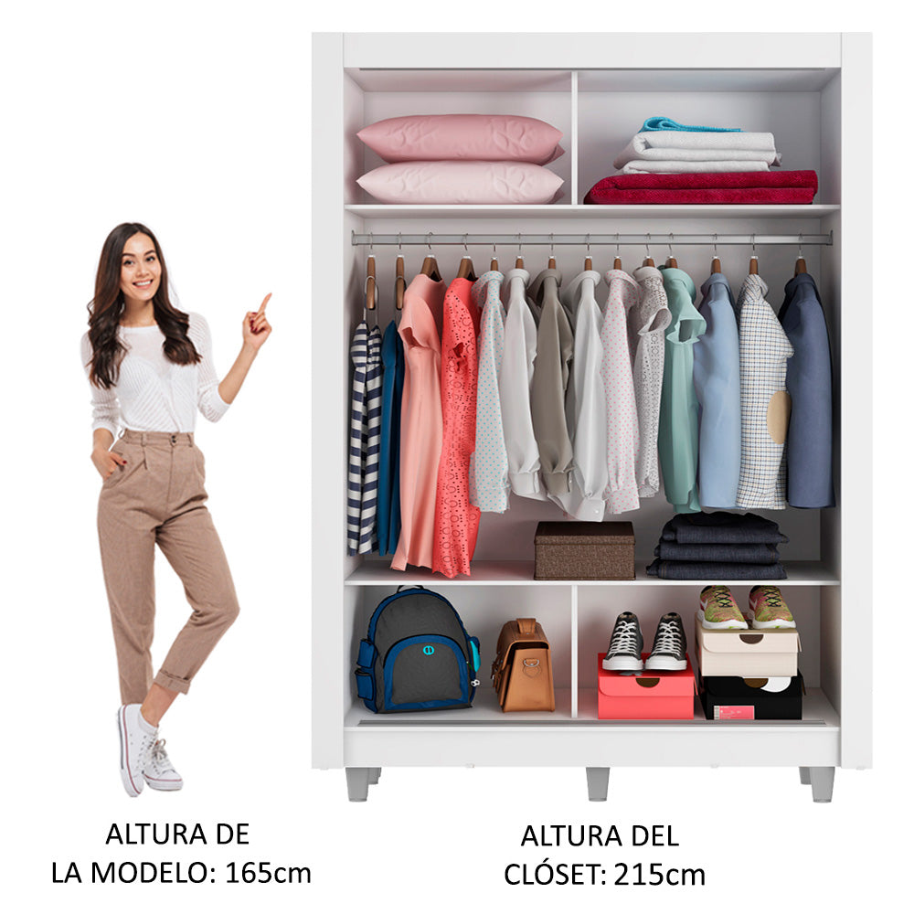 Placard Soltero Denver 2 Puertas Corredizas con Espejo con Patas Blanco