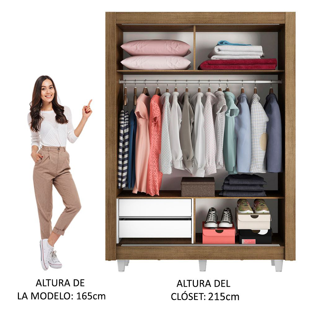 Placard Soltero 2 Puertas Corredizas con Espejo 2 Cajones con Patas Marrón/Blanco Dallas