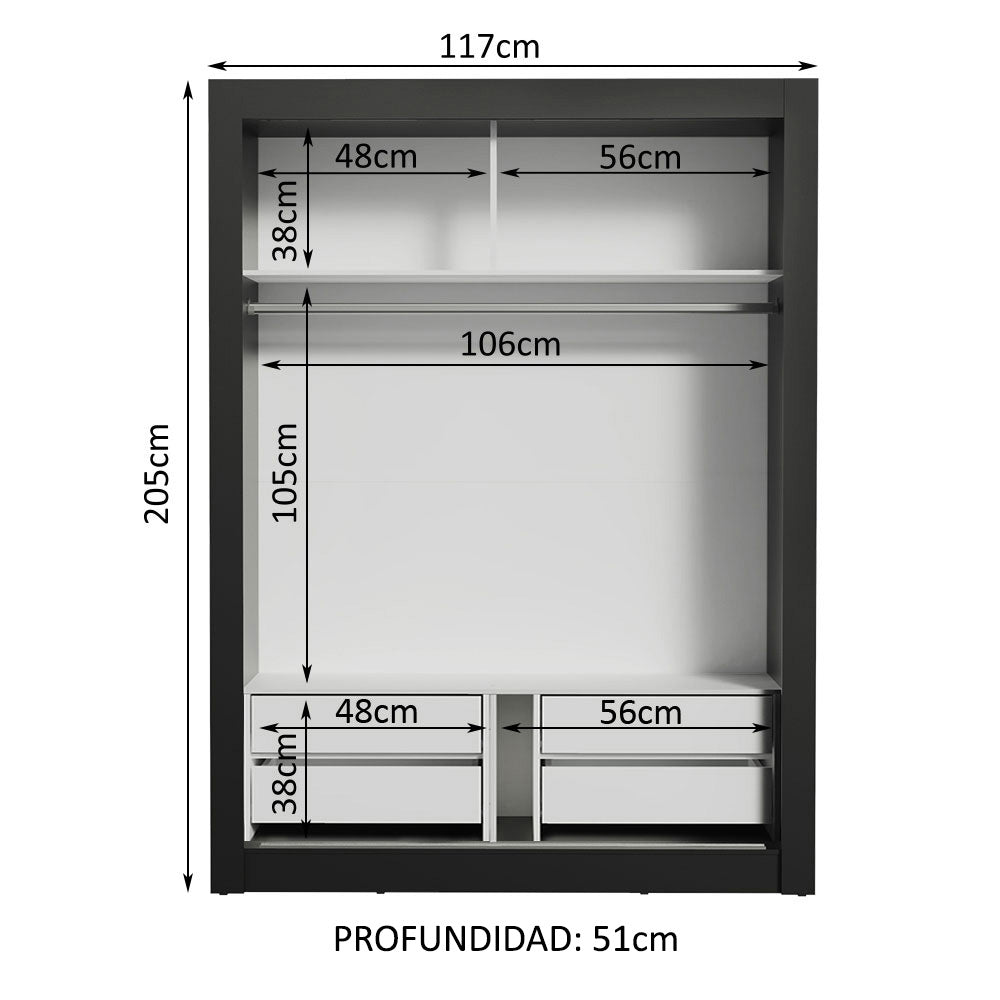 Placard Soltero Dallas Plus 2 Puertas Corredizas de Espejo 4 Cajones Negro