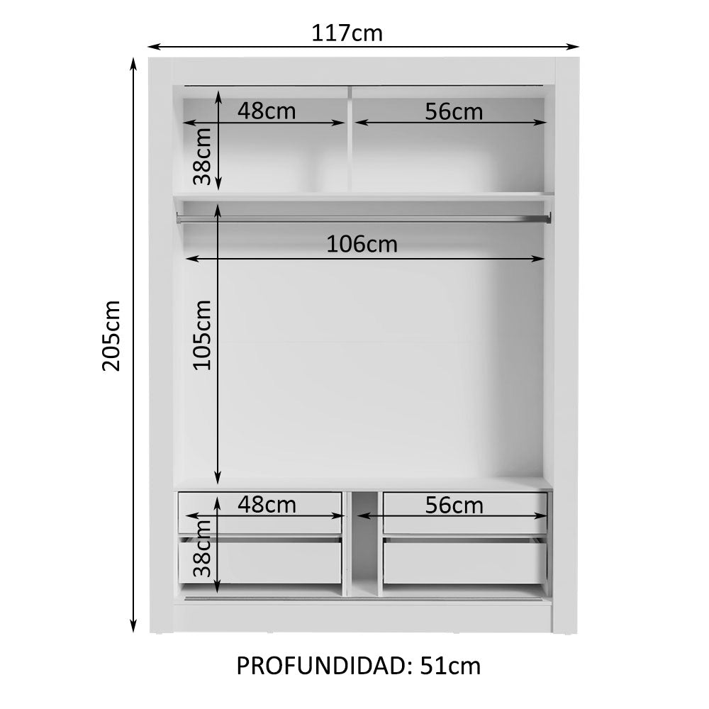 Placard Soltero 2 Puertas Corredizas con Espejo 4 Cajones Blanco/Marrón Dallas Plus