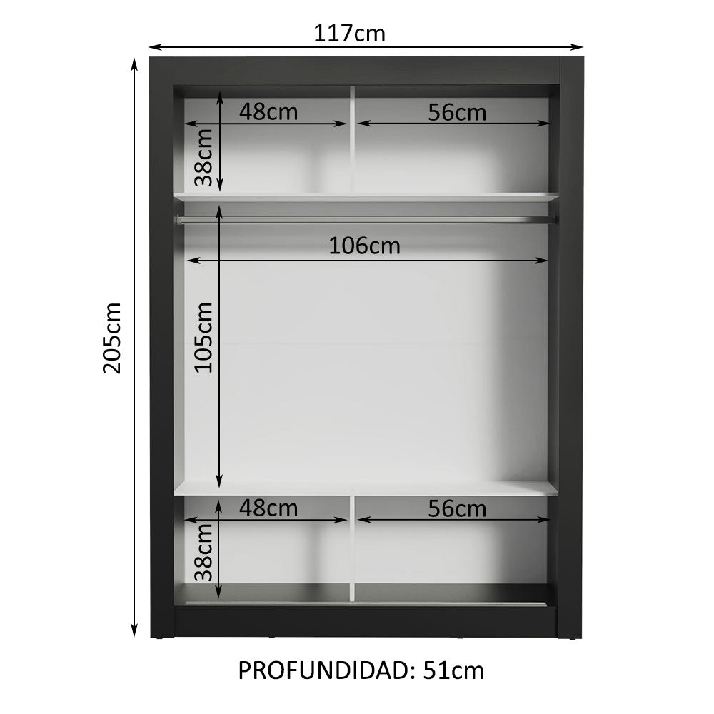 Placard Ropero Solteiro Madesa Denver 2 Puertas Corredizas Negro/Gris