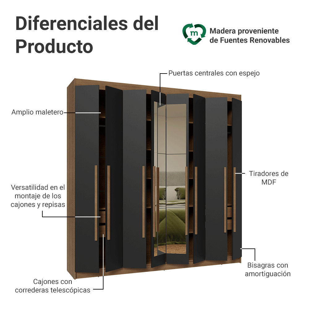 Placard Matrimonial 8 Puertas Batientes con Espejo Venus Marrón/Negro/Marrón