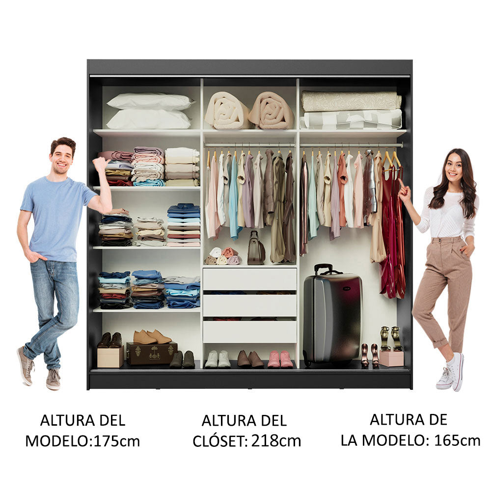 Placard Ropero Matrimonial Madesa Istambul 3 Puertas Corredizas con Espejos 3 Cajones Negro