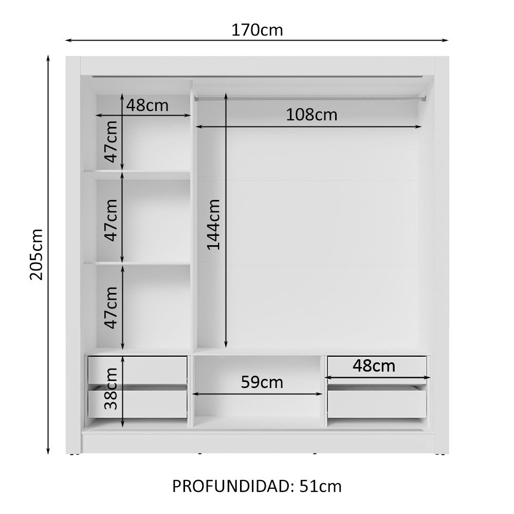 Placard Matrimonial 3 Puertas Corredizas de Espejo 4 Cajones Blanco Sublime Plus