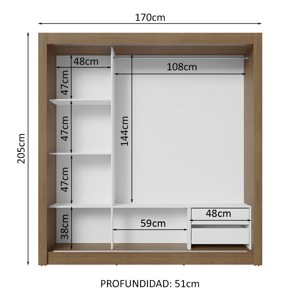 Placard Matrimonial 3 Puertas Corredizas con Espejo 2 Cajones Marrón Sublime