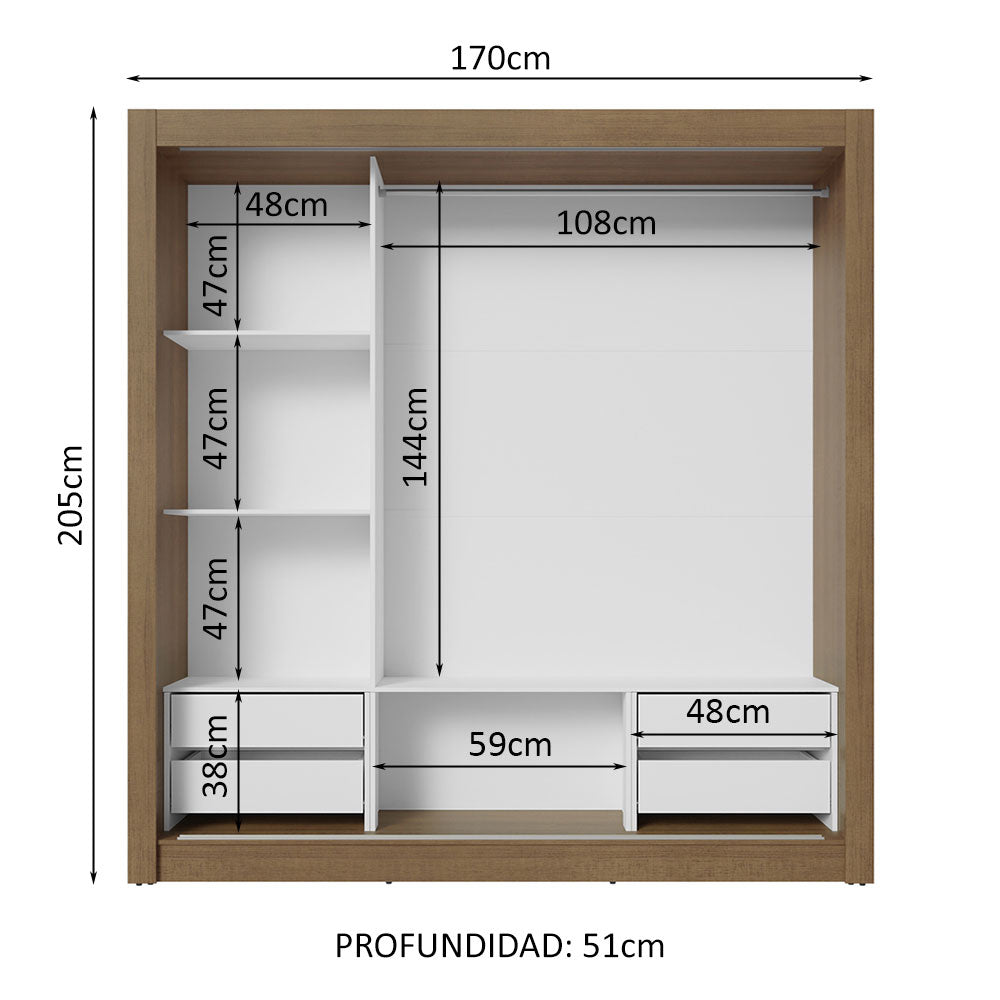 Placard Matrimonial 3 Puertas Corredizas de Espejo 4 Cajones Marrón Sublime Plus